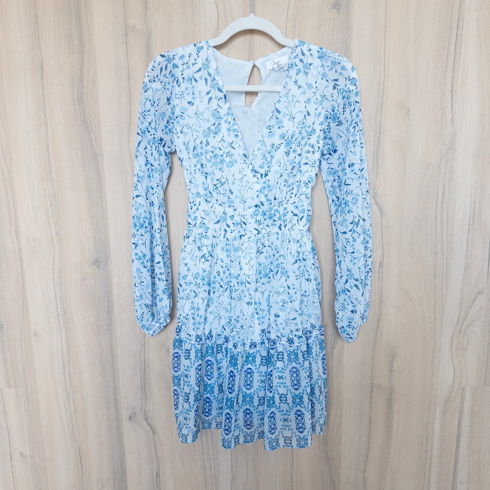 Womens Floral Mini Dress S Blue Long Sleeve Tiered Cottage Romantic Coastal‎